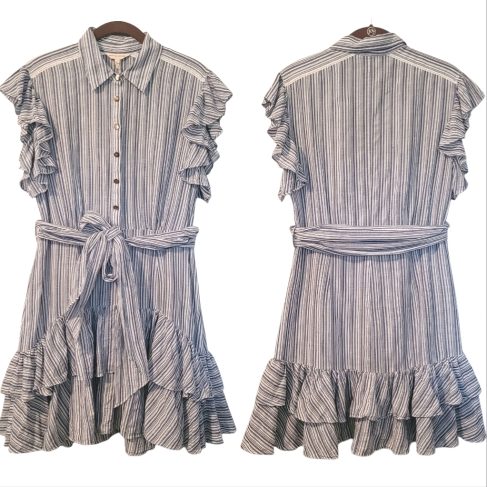 Rebecca Taylor Blue White Striped Belted Ruffle Cotton Dress Wmns 6 Romantic